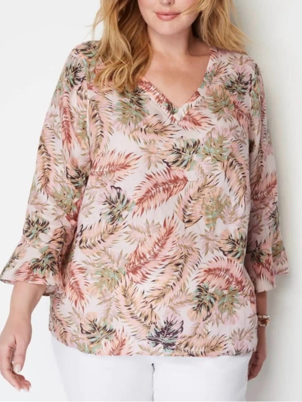 J. Jill Love Linen Pink Tropical Palm Bell Sleeve Blouse Peasant Top Sz XL Beach